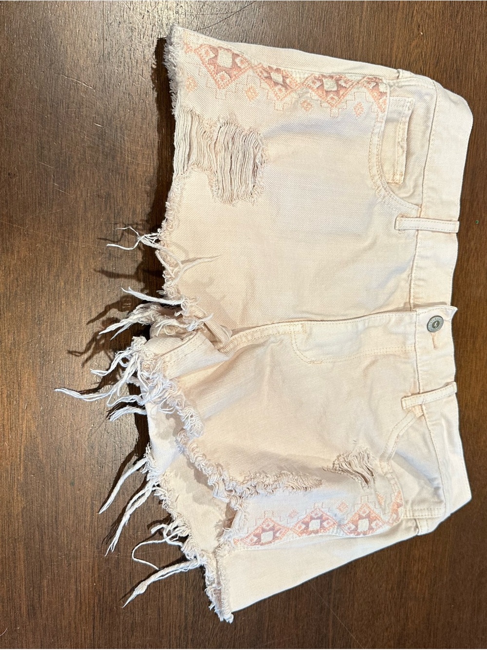 Light Pink Frayed Denim Women's Shorts with Embroidered Trim